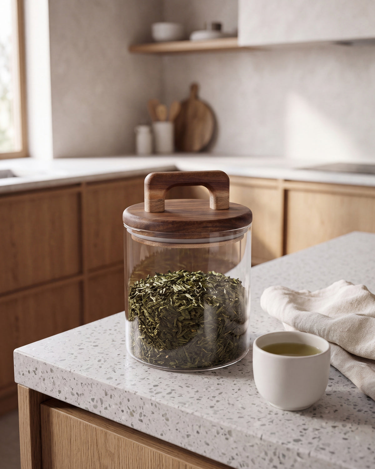 Glazen voorraadpot met acacia houten deksel