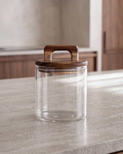 Glazen voorraadpot met acacia houten deksel