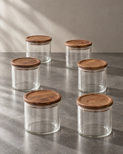Voorraadpot met acaciahouten deksel | Rond | 6 stuks | 300 ml