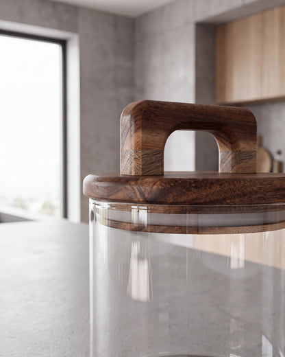 Glazen voorraadpot met acacia houten deksel