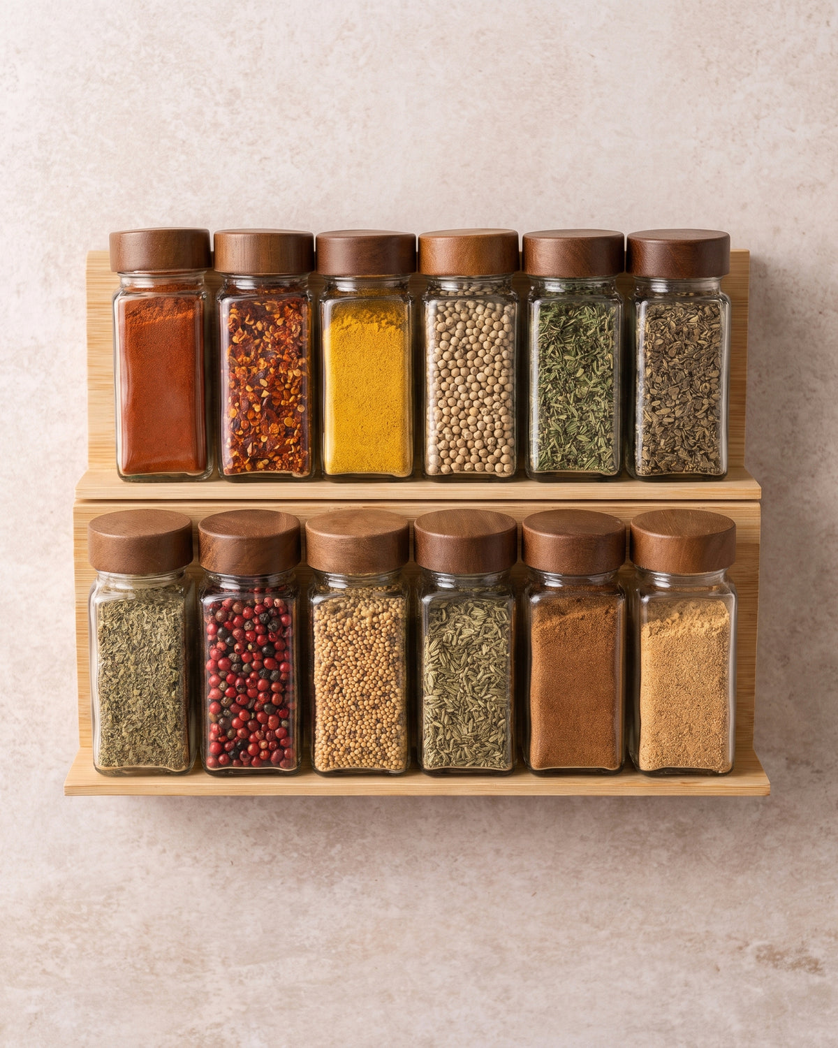 Akasya Bambu Kapaklı Baharat Kavanozları – 12 Adet | 120 ml (Baharat Rafı Dahil)