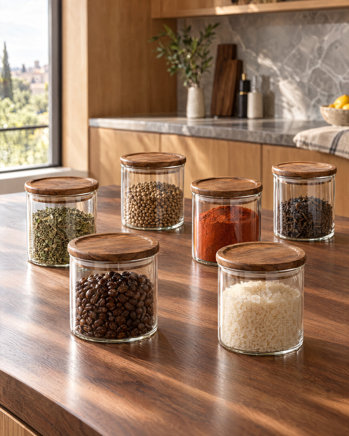 Voorraadpot met acaciahouten deksel | Rond | 6 stuks | 300 ml